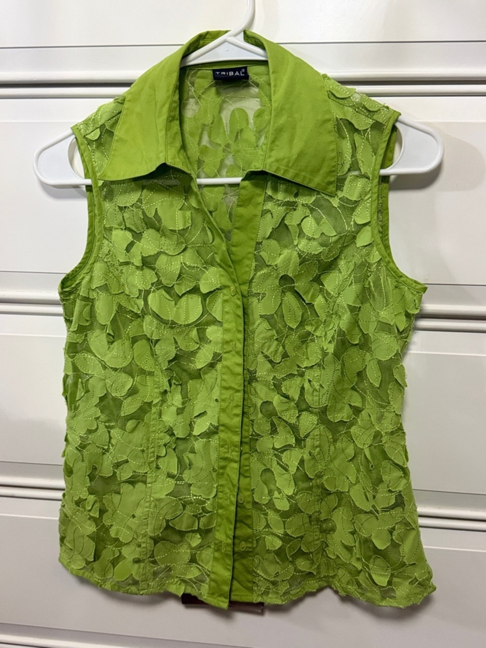 Tribal Lime Green Lace Overlay Sleeveless Button-Front Top